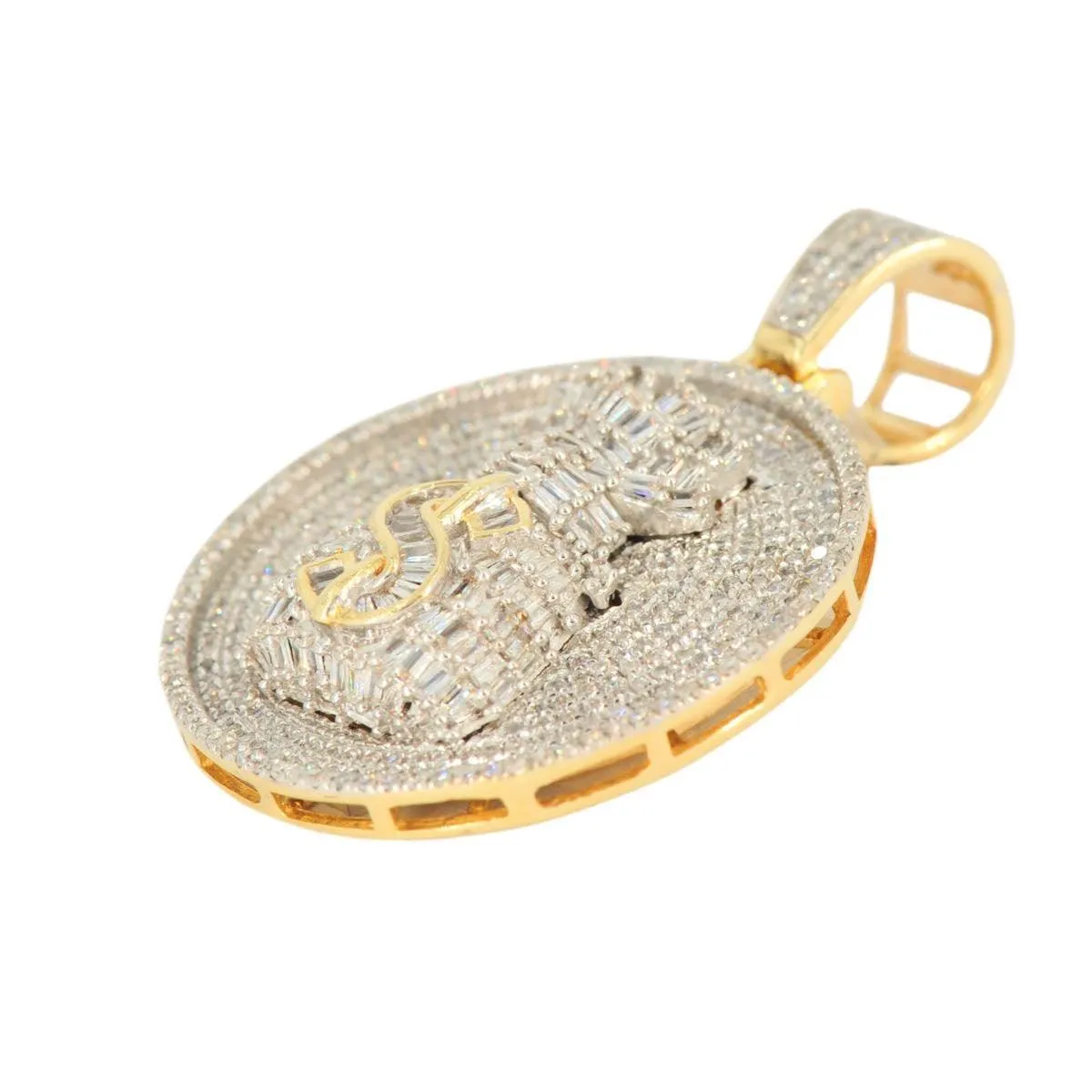 10k Yellow Gold Baguette and Round Diamond Money Bag Medallion