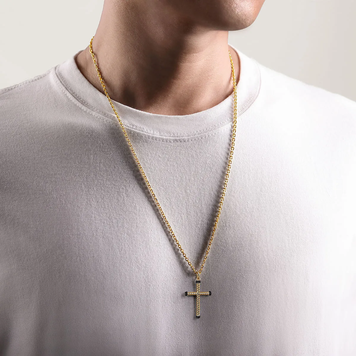 14K Yellow Gold Twisted Rope Cross Pendant with Black Diamonds