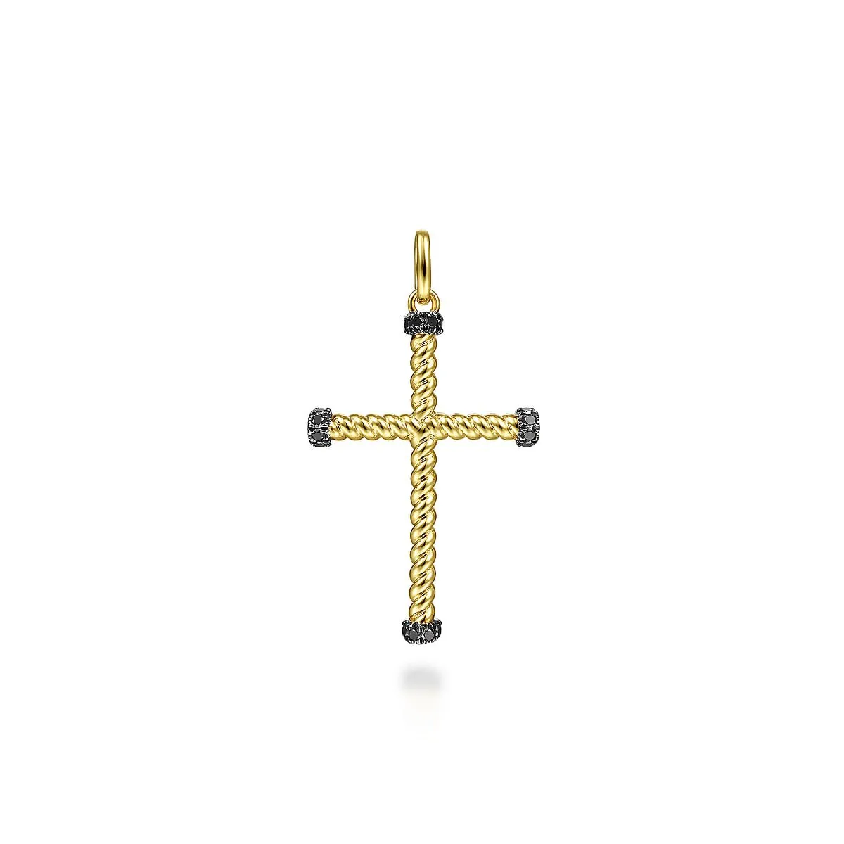 14K Yellow Gold Twisted Rope Cross Pendant with Black Diamonds