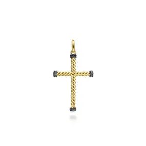 14K Yellow Gold Twisted Rope Cross Pendant with Black Diamonds