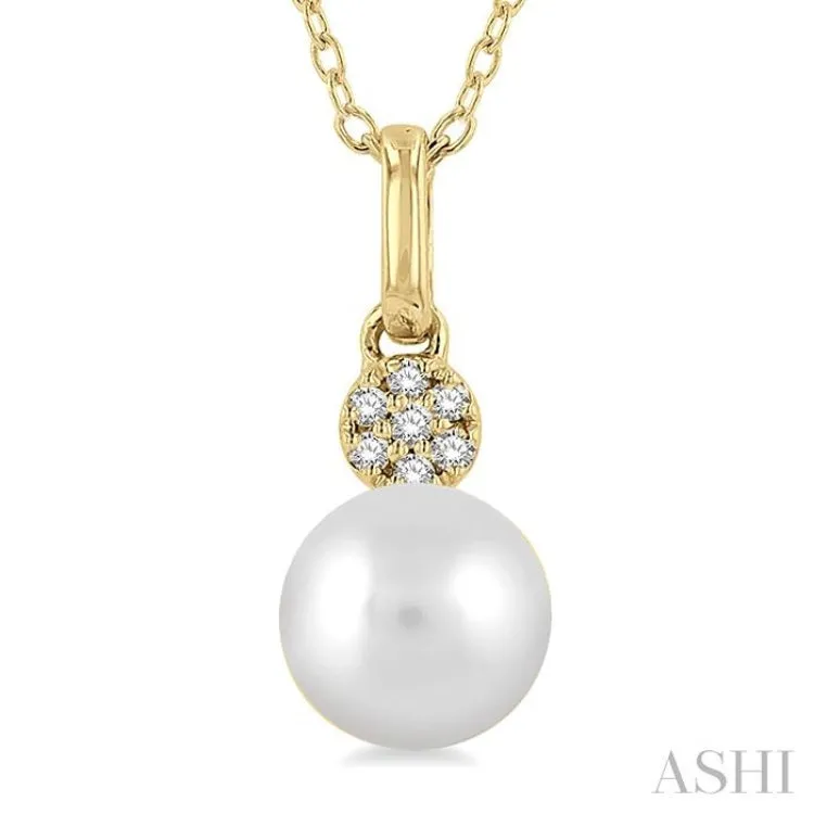 1/50 ctw Petite 6X6MM Cultured Pearl and Round Cut Diamond Fashion Pendant With Chain in 10K Yellow Gold
