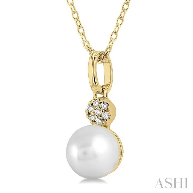 1/50 ctw Petite 6X6MM Cultured Pearl and Round Cut Diamond Fashion Pendant With Chain in 10K Yellow Gold