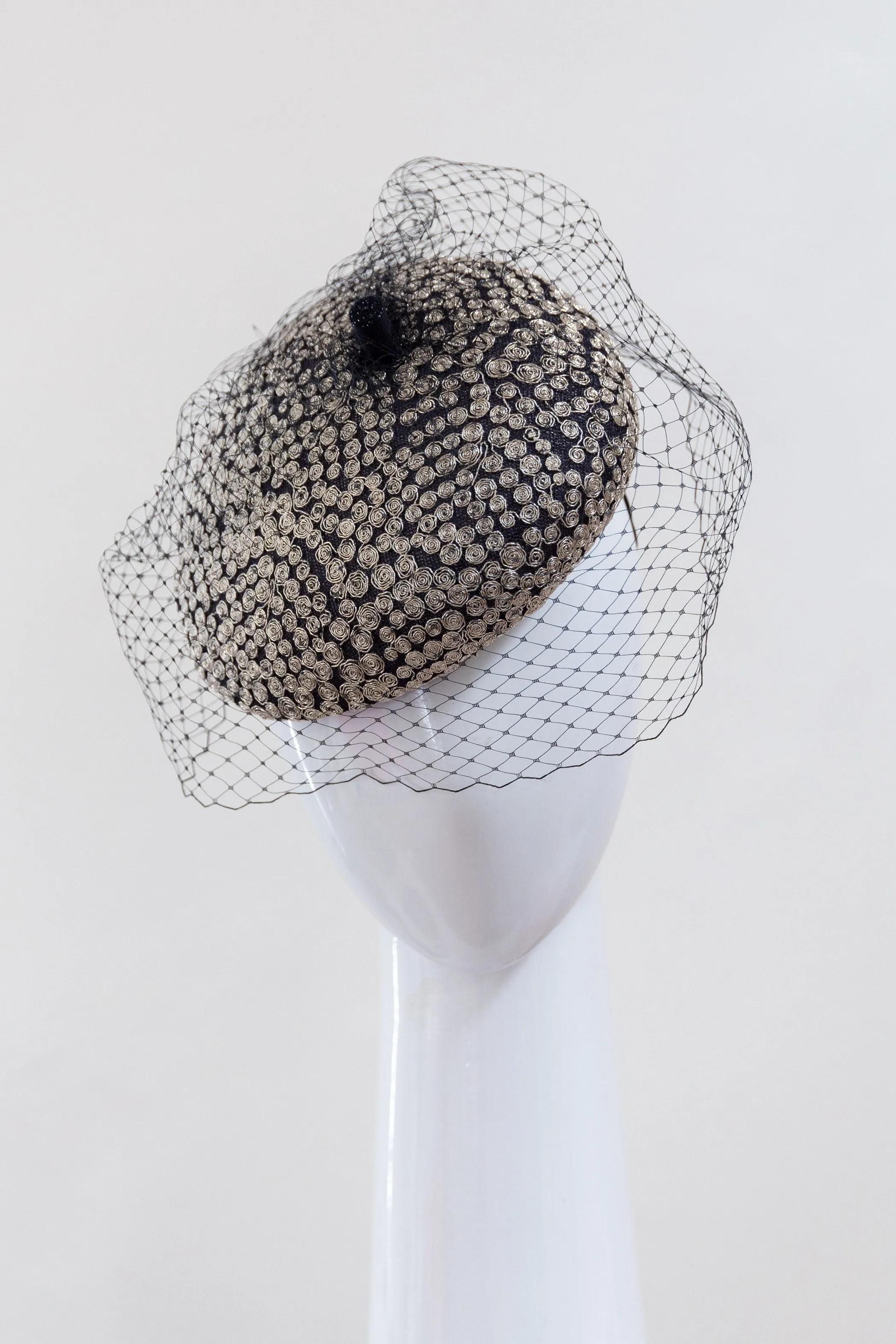 Black Veiled Side Beret with Silver Embroidered Highlights