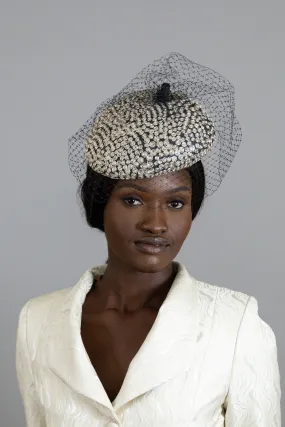Black Veiled Side Beret with Silver Embroidered Highlights