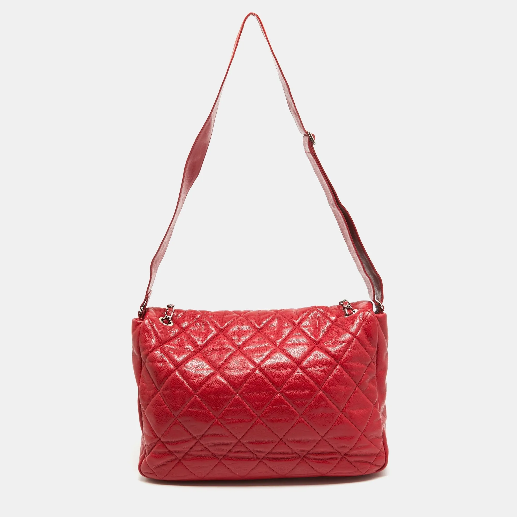 CHANEL Red Quilted Caviar Leather XL Classic New Messenger Bag