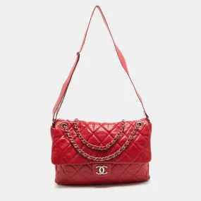 CHANEL Red Quilted Caviar Leather XL Classic New Messenger Bag