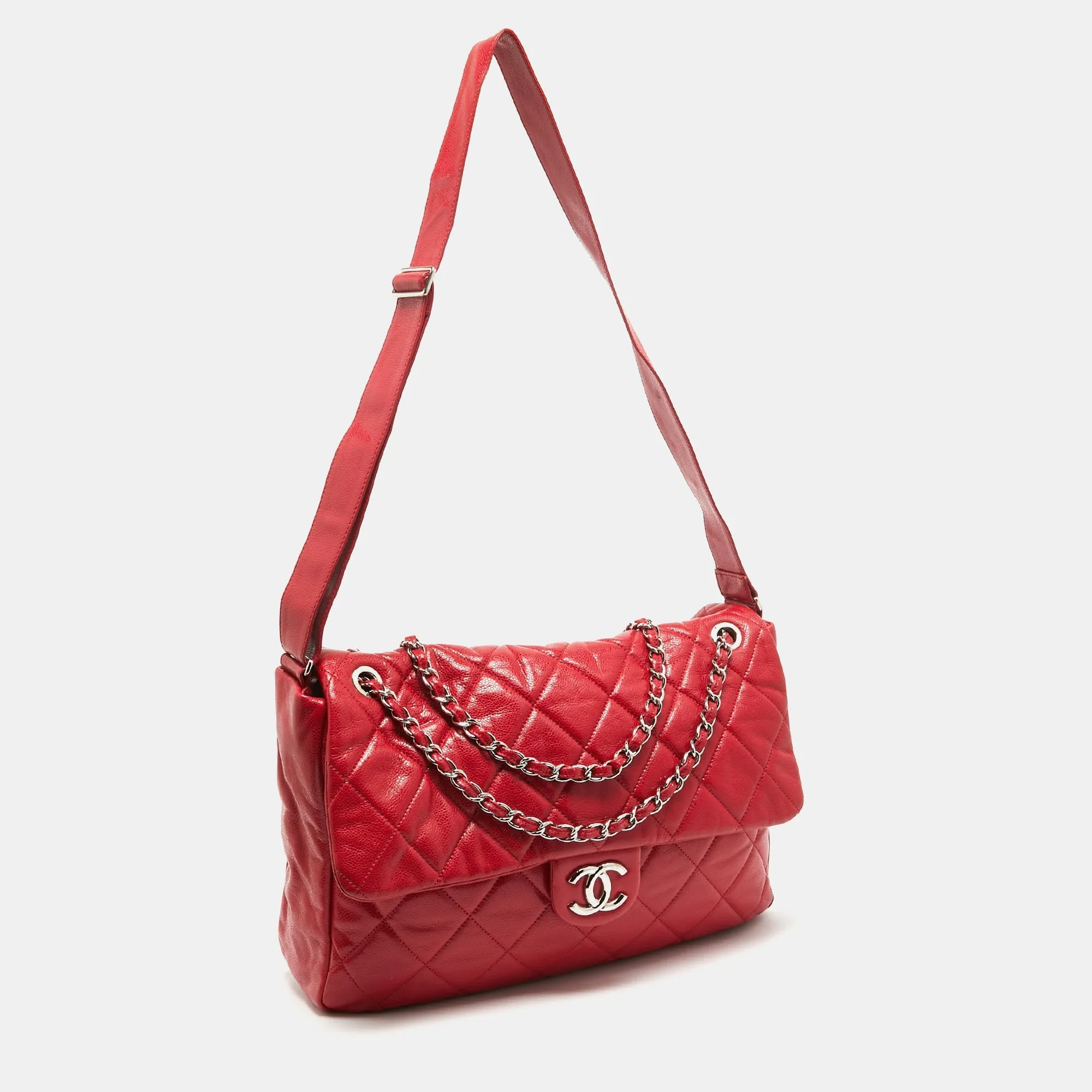 CHANEL Red Quilted Caviar Leather XL Classic New Messenger Bag
