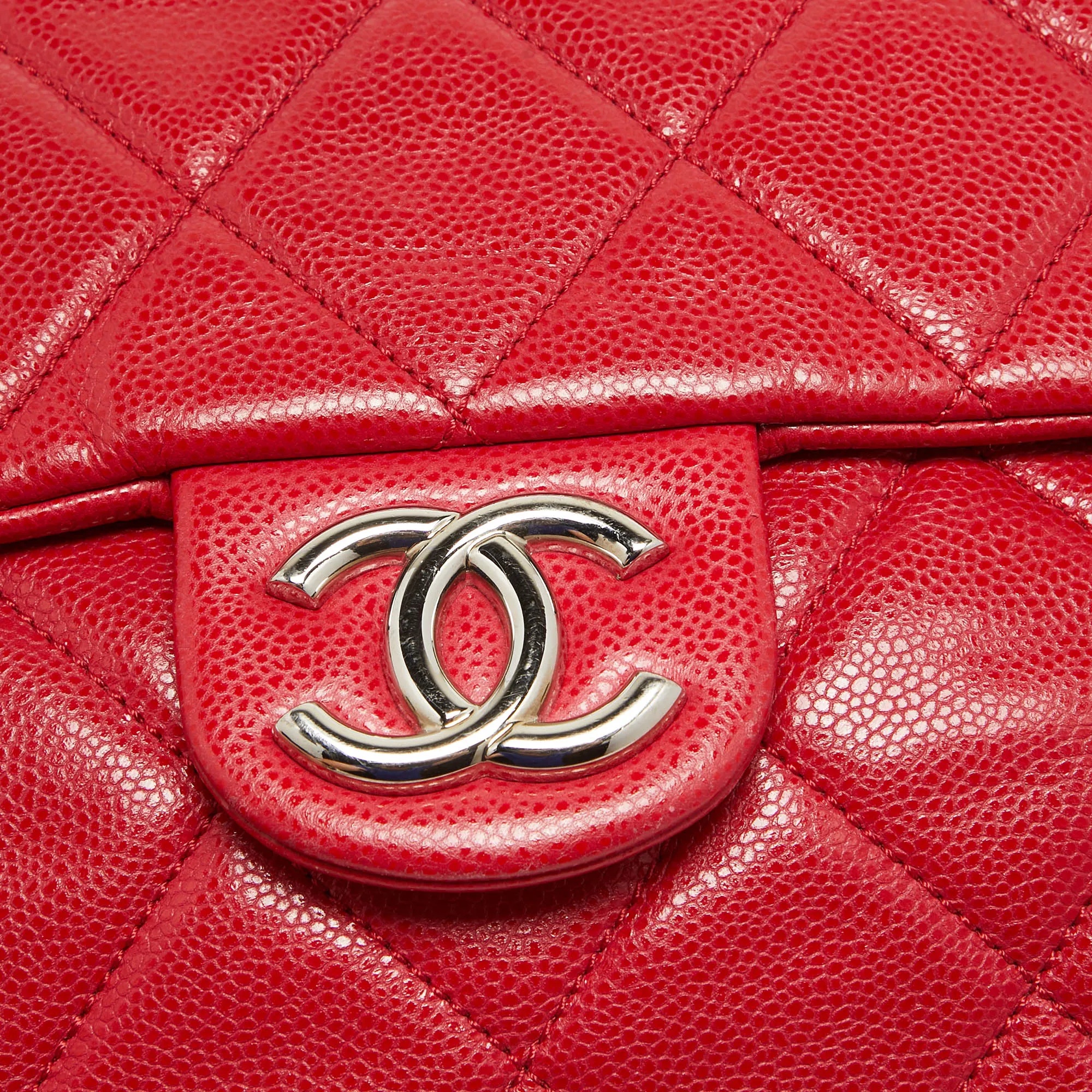 CHANEL Red Quilted Caviar Leather XL Classic New Messenger Bag