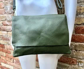 Dark GREEN cross body / shoulder bag. Genuine leather bag. Medium sized flat messenger bag with zipper   adjustable strap. Khaki green purse