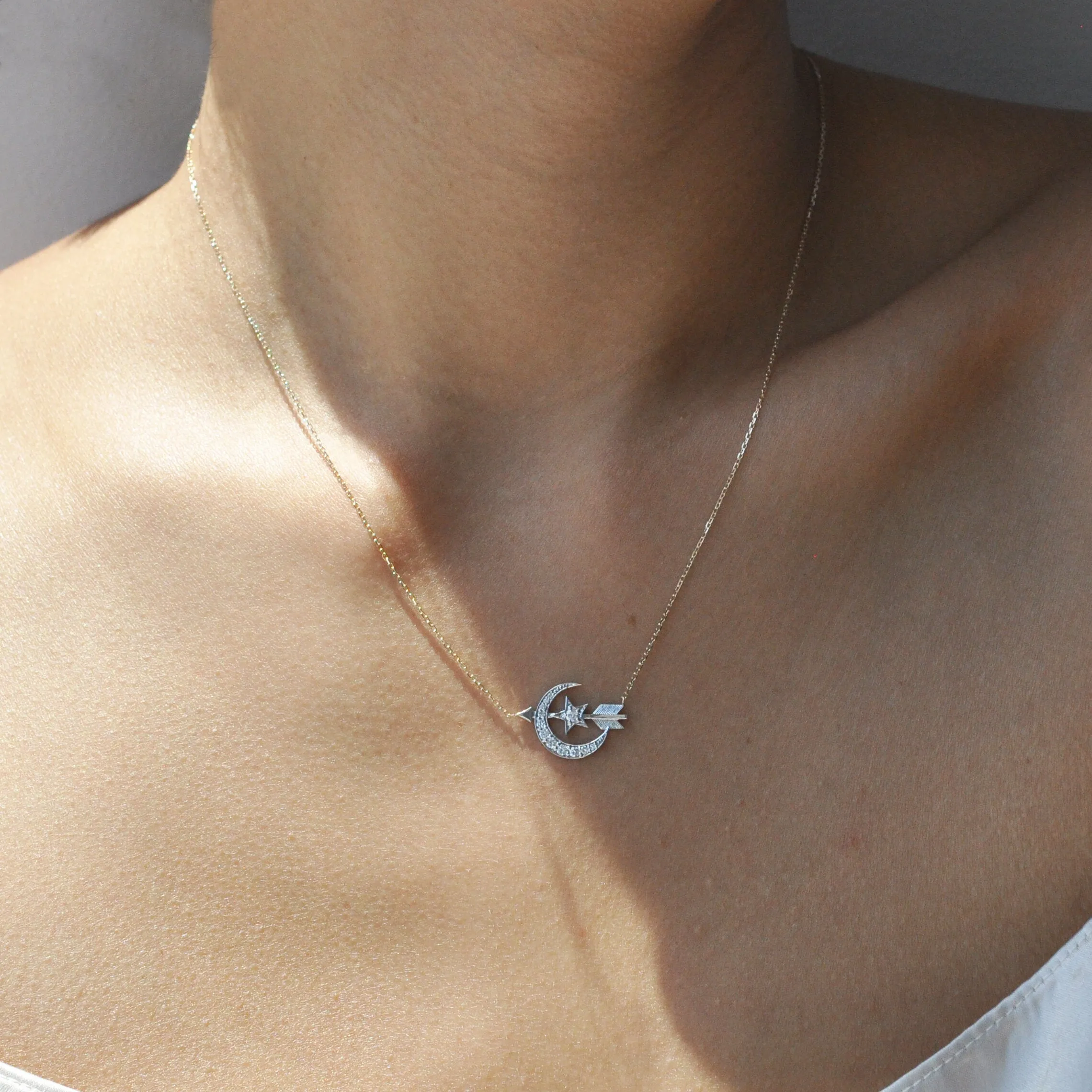 Diamond Crescent Moon and Arrow Necklace