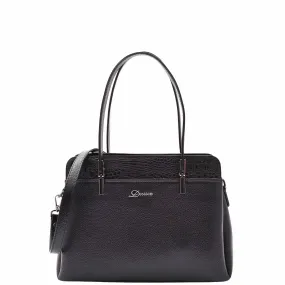 DR589 Women's Leather Medium Size Tote Zip Shoulder Bag Black