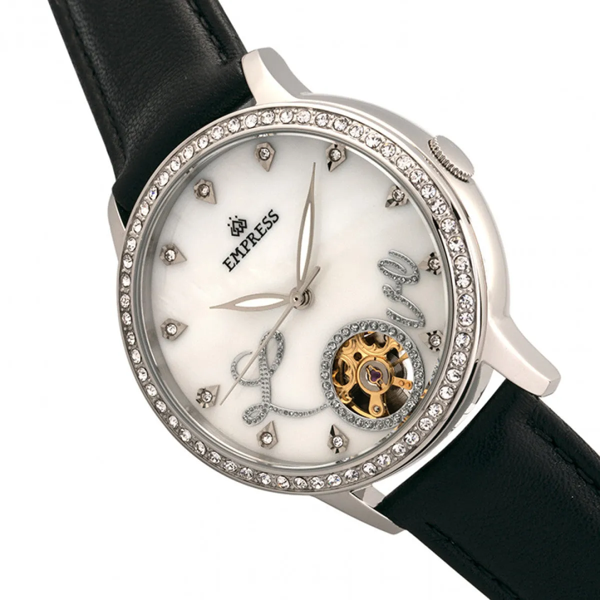 Empress Quinn Automatic MOP Semi-Skeleton Dial Leather-Band Watch - Black