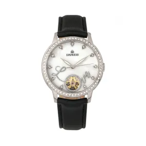 Empress Quinn Automatic MOP Semi-Skeleton Dial Leather-Band Watch - Black