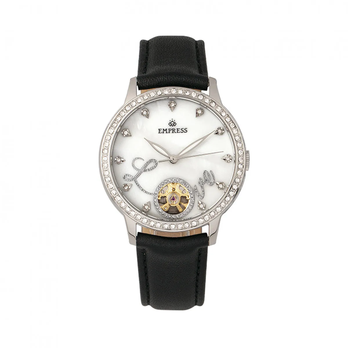 Empress Quinn Automatic MOP Semi-Skeleton Dial Leather-Band Watch - Black
