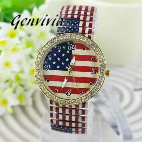 GENVIVIA Fashion Flag Pattern Diamond Wrist Watch