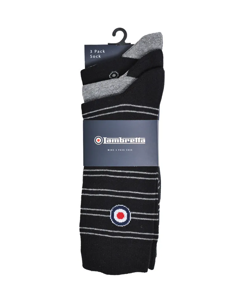 Lambretta Mens 3 Pair Pack of Black/Grey Retro Socks