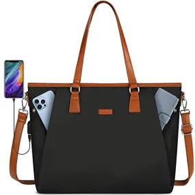 Laptop Bag for Women 15.6 Inch USB Teacher Bag Work Tote Bag Large Work Bags Waterproof Nylon Computer Tote Bag Lightweight Office Briefcase Shoulder Handbag Purse Black