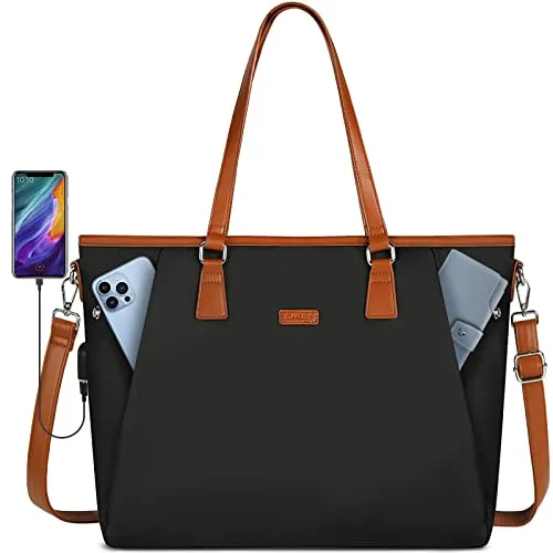 Laptop Bag for Women 15.6 Inch USB Teacher Bag Work Tote Bag Large Work Bags Waterproof Nylon Computer Tote Bag Lightweight Office Briefcase Shoulder Handbag Purse Black