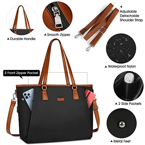 Laptop Bag for Women 15.6 Inch USB Teacher Bag Work Tote Bag Large Work Bags Waterproof Nylon Computer Tote Bag Lightweight Office Briefcase Shoulder Handbag Purse Black
