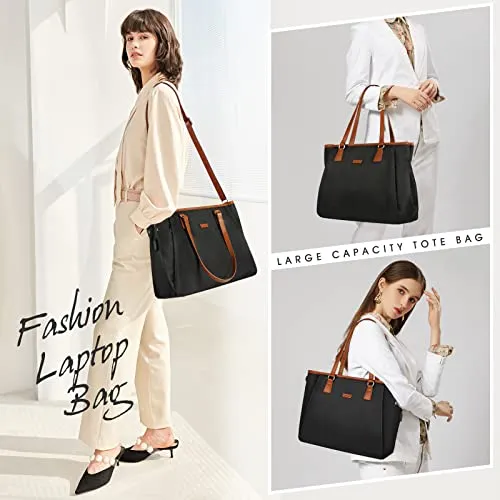 Laptop Bag for Women 15.6 Inch USB Teacher Bag Work Tote Bag Large Work Bags Waterproof Nylon Computer Tote Bag Lightweight Office Briefcase Shoulder Handbag Purse Black