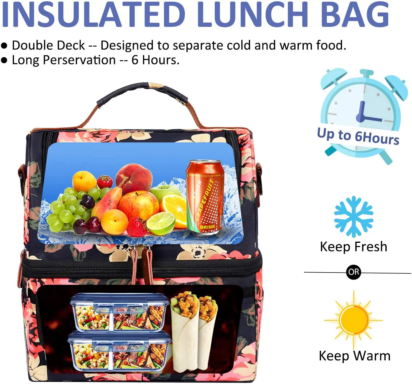 LOKASS Lunch Bags for Women Double Deck Insulated Lunch Box Large Cooler Tote Bag with Removable Shoulder Strap Wide Open Thermal Meal Prep Lunch Organizer Box for Adults/Work/Outdoor, Black Peony