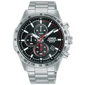 Lorus Men's Chronograph Watch with Date, Stainless Steel Band, Black Dial RM391HX9