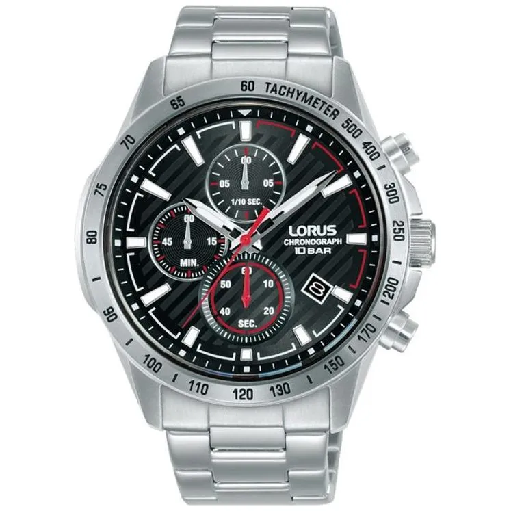 Lorus Men's Chronograph Watch with Date, Stainless Steel Band, Black Dial RM391HX9