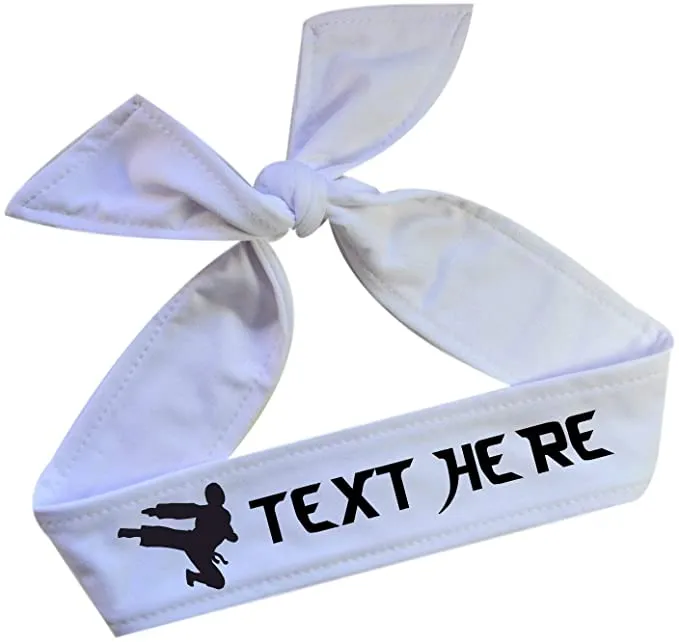 Martial Arts Personalized Custom Tie Back Headband with Kicking Silhouette Teakwondo in Vinyl