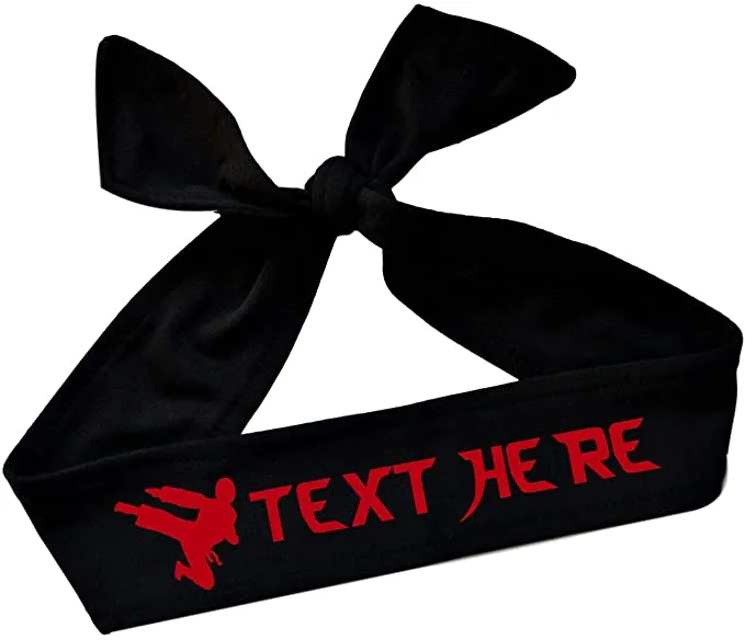 Martial Arts Personalized Custom Tie Back Headband with Kicking Silhouette Teakwondo in Vinyl