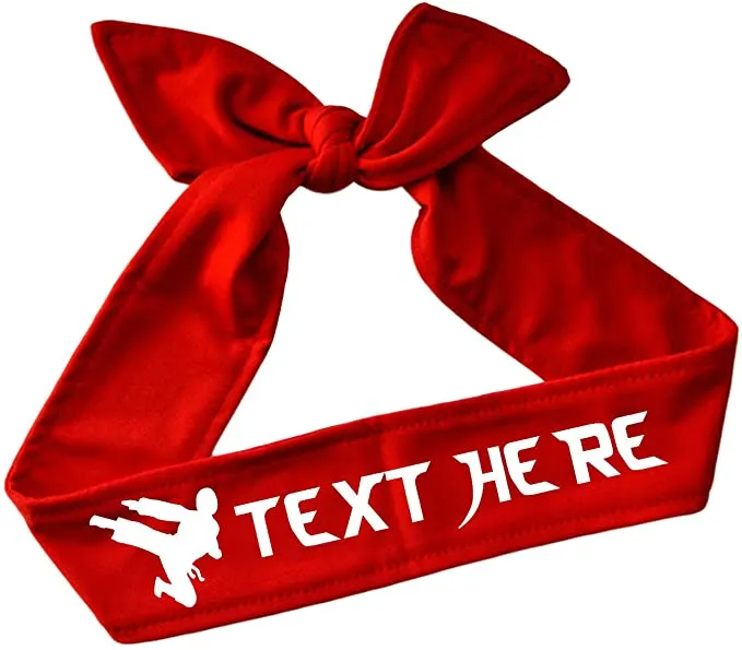 Martial Arts Personalized Custom Tie Back Headband with Kicking Silhouette Teakwondo in Vinyl