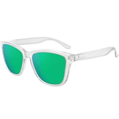 MEETSUN Polarized Sunglasses for Women Men Classic Retro Designer Style UV400 Protection (Clear Frame / Green Mirrored Lens, 54)