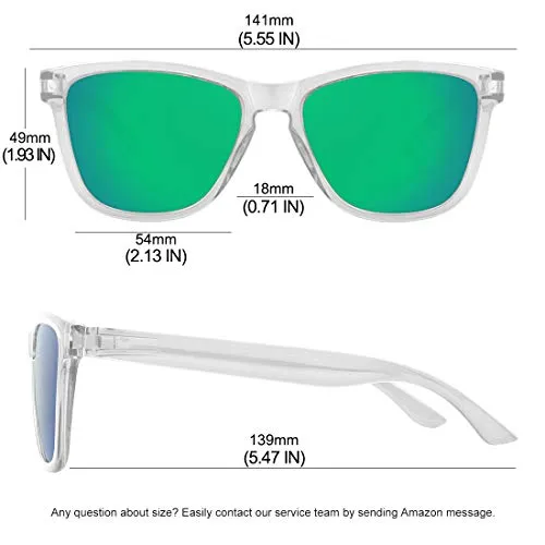MEETSUN Polarized Sunglasses for Women Men Classic Retro Designer Style UV400 Protection (Clear Frame / Green Mirrored Lens, 54)