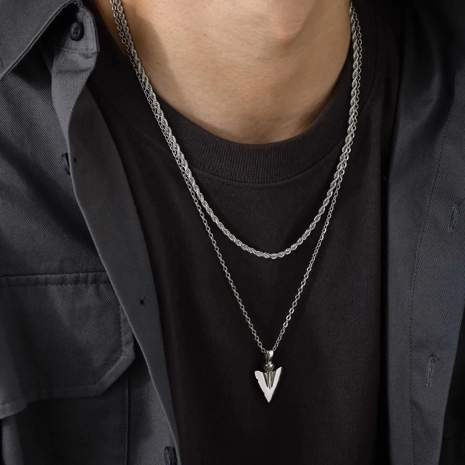 Men Rock Arrow Head Pendant Stacking Rope Cuban Wheat Figaro Chain Necklaces