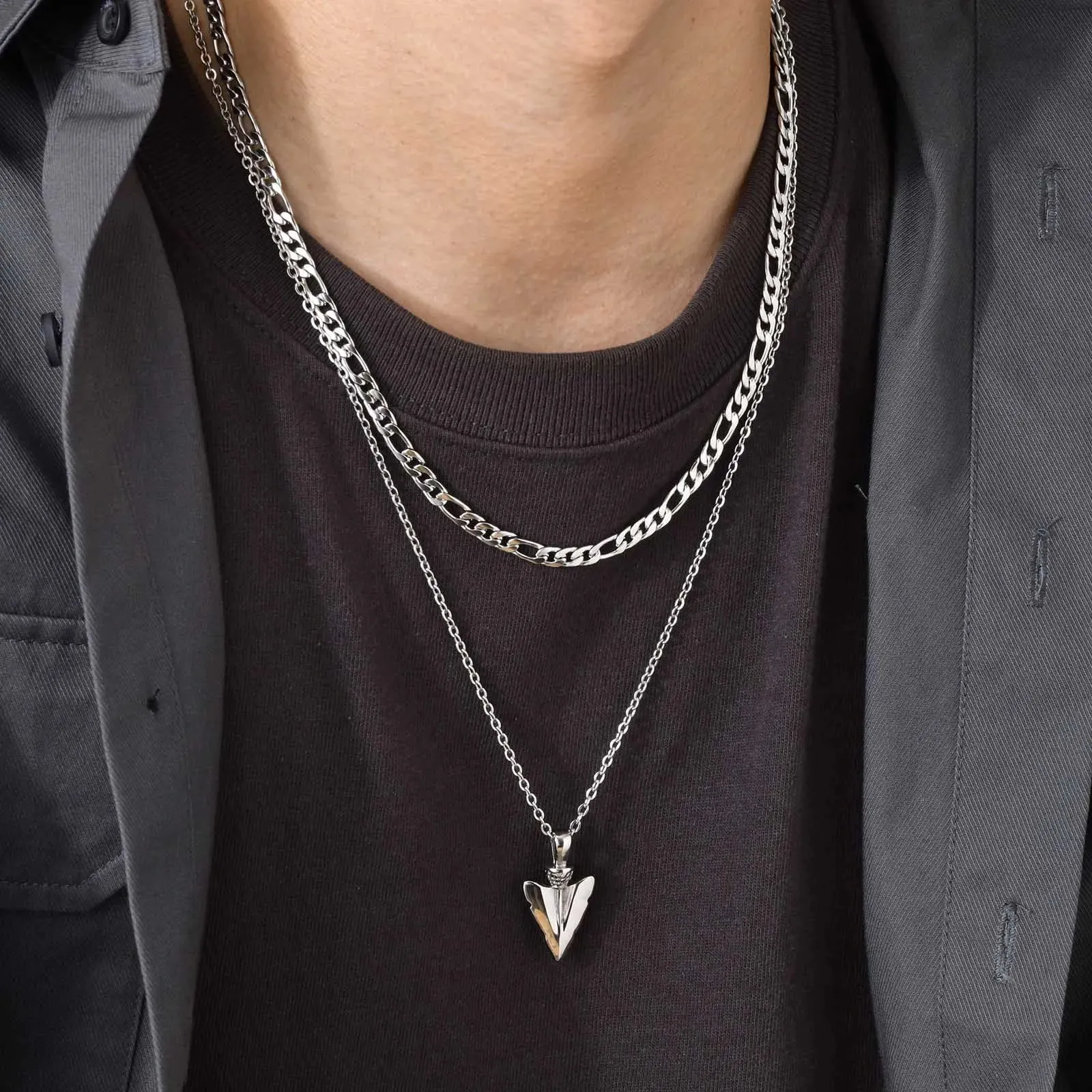 Men Rock Arrow Head Pendant Stacking Rope Cuban Wheat Figaro Chain Necklaces