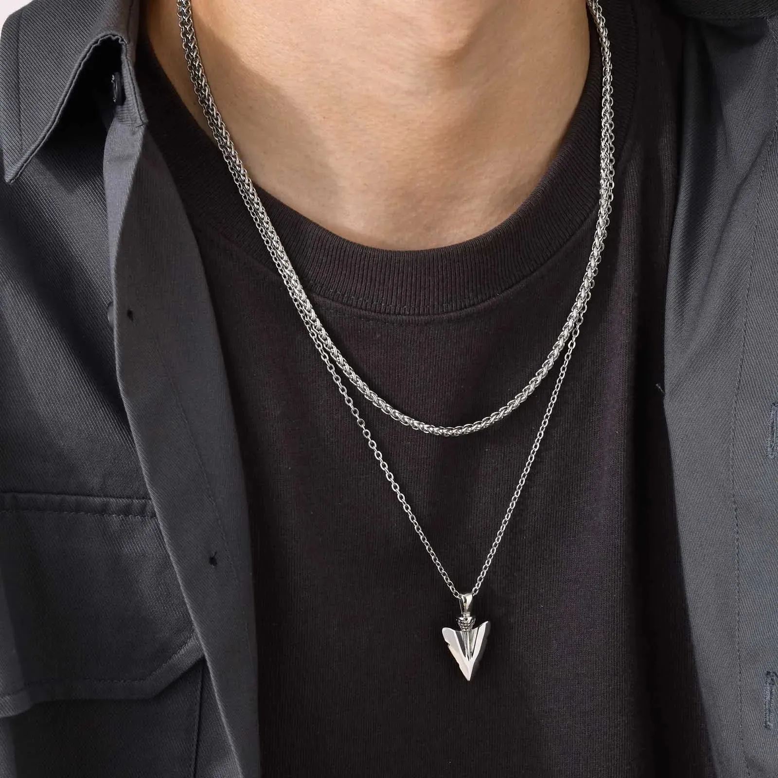 Men Rock Arrow Head Pendant Stacking Rope Cuban Wheat Figaro Chain Necklaces