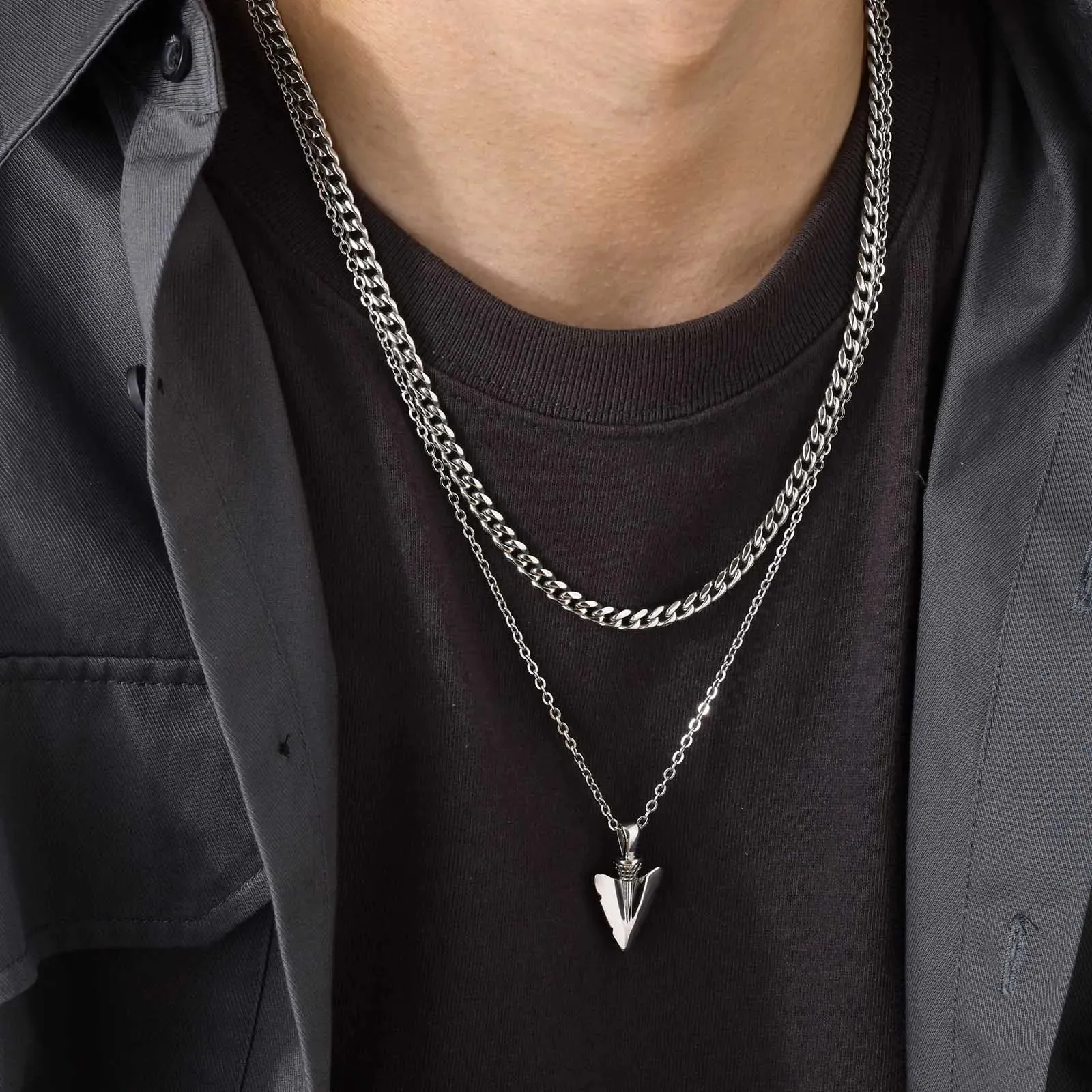 Men Rock Arrow Head Pendant Stacking Rope Cuban Wheat Figaro Chain Necklaces