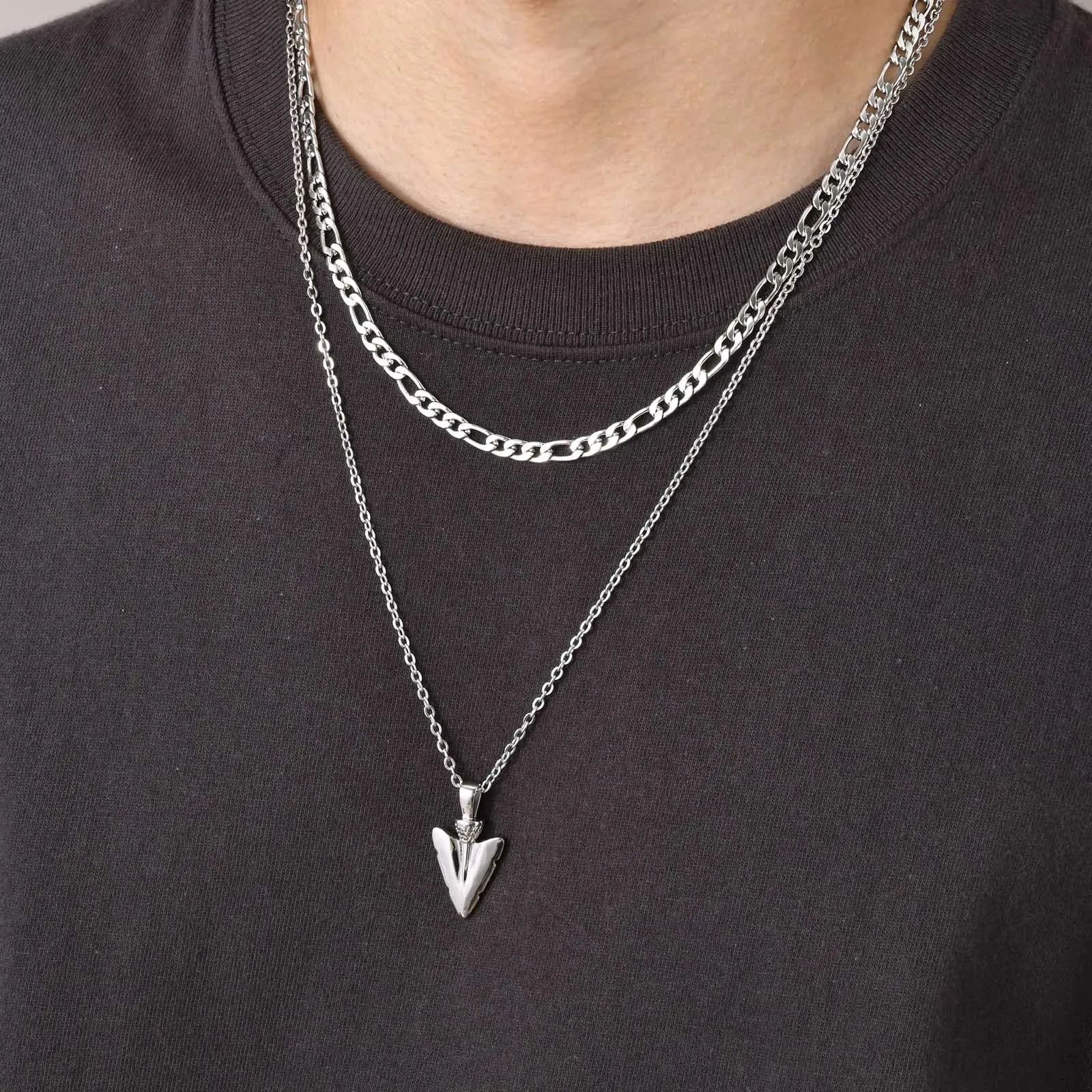 Men Rock Arrow Head Pendant Stacking Rope Cuban Wheat Figaro Chain Necklaces