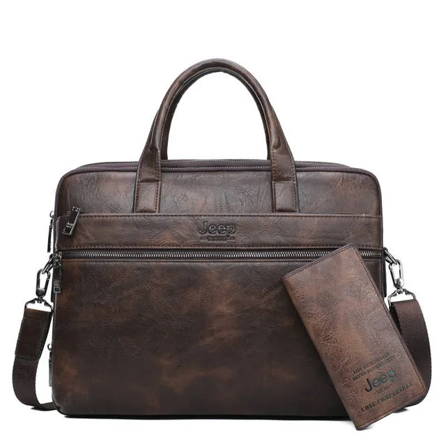 Men's Briefcase For 14" Laptop Business 2Pcs Set Handbags High Quality Leather Office Shoulder Tote