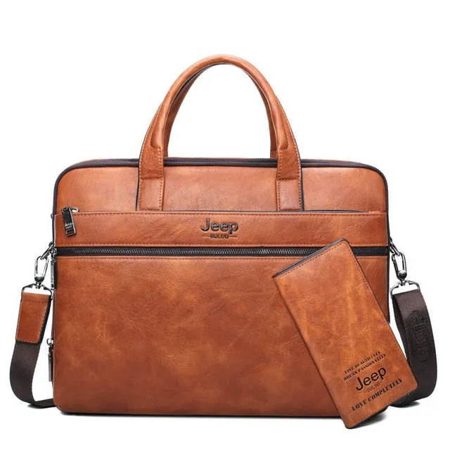 Men's Briefcase For 14" Laptop Business 2Pcs Set Handbags High Quality Leather Office Shoulder Tote