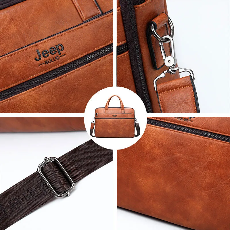 Men's Briefcase For 14" Laptop Business 2Pcs Set Handbags High Quality Leather Office Shoulder Tote