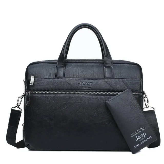 Men's Briefcase For 14" Laptop Business 2Pcs Set Handbags High Quality Leather Office Shoulder Tote