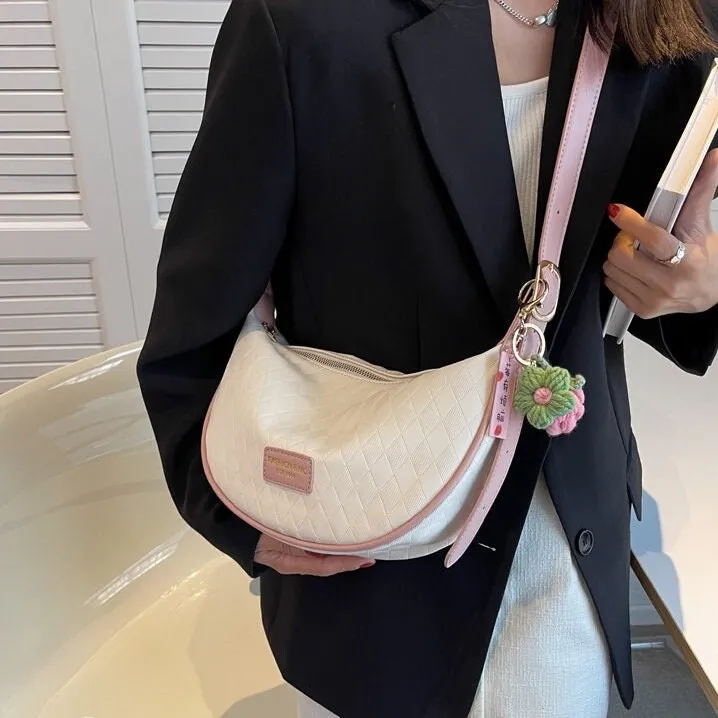 Minimalist Vegan Leather Messenger Bag, Solid Zipper Bag for Women, Quilted Crescent Shoulder Bag, Casual Everyday Crossbody Bag