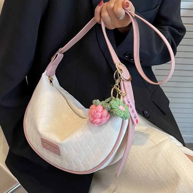 Minimalist Vegan Leather Messenger Bag, Solid Zipper Bag for Women, Quilted Crescent Shoulder Bag, Casual Everyday Crossbody Bag