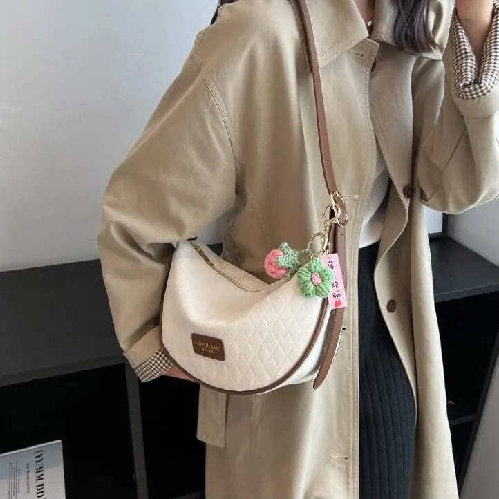 Minimalist Vegan Leather Messenger Bag, Solid Zipper Bag for Women, Quilted Crescent Shoulder Bag, Casual Everyday Crossbody Bag