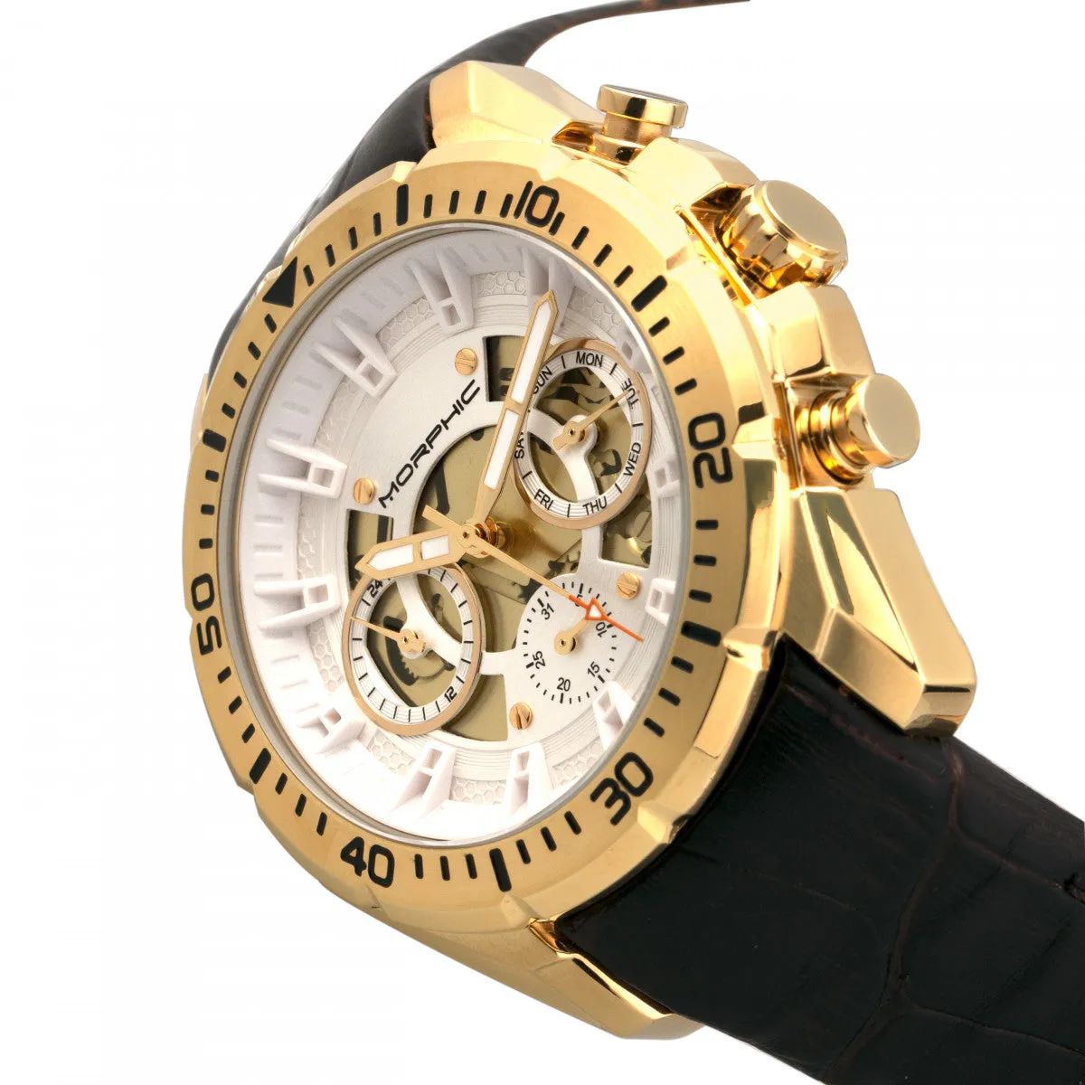 Morphic M66 Series Skeleton Dial Leather-Band Watch w/ Day/Date - Gold/Dark Brown