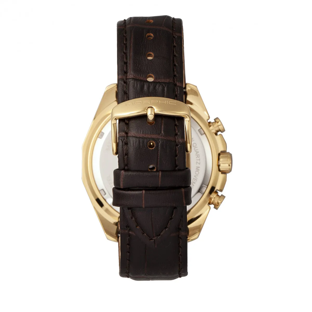 Morphic M66 Series Skeleton Dial Leather-Band Watch w/ Day/Date - Gold/Dark Brown
