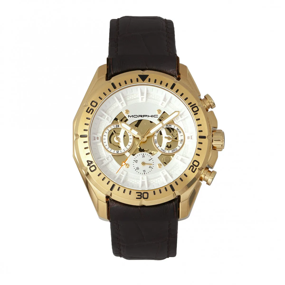 Morphic M66 Series Skeleton Dial Leather-Band Watch w/ Day/Date - Gold/Dark Brown