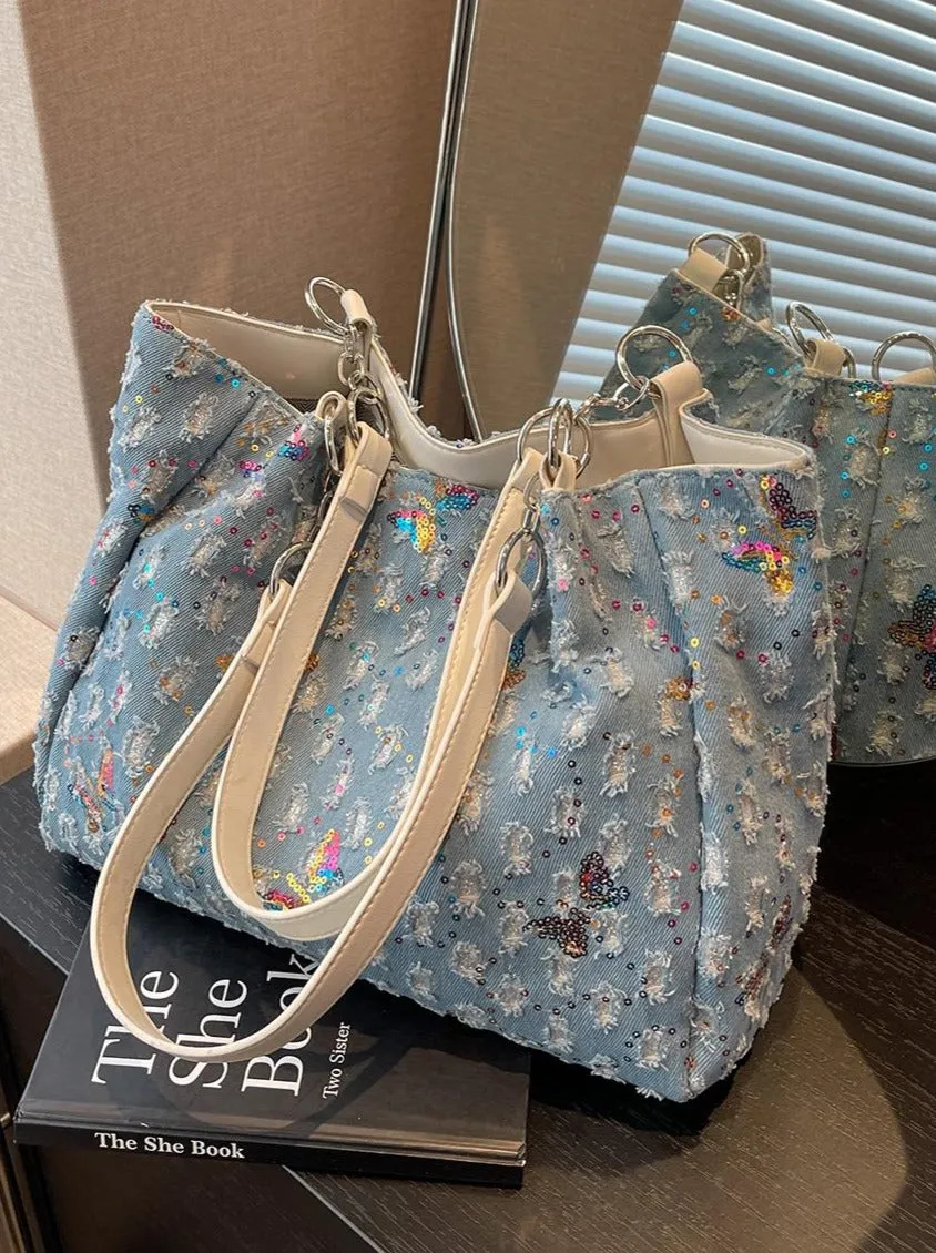 New Summer Large Capacity Denim Canvas Tote Bags Casual Fashion Luxury Designer For Women Shoulder Y2k Shopping Handbags Trendy