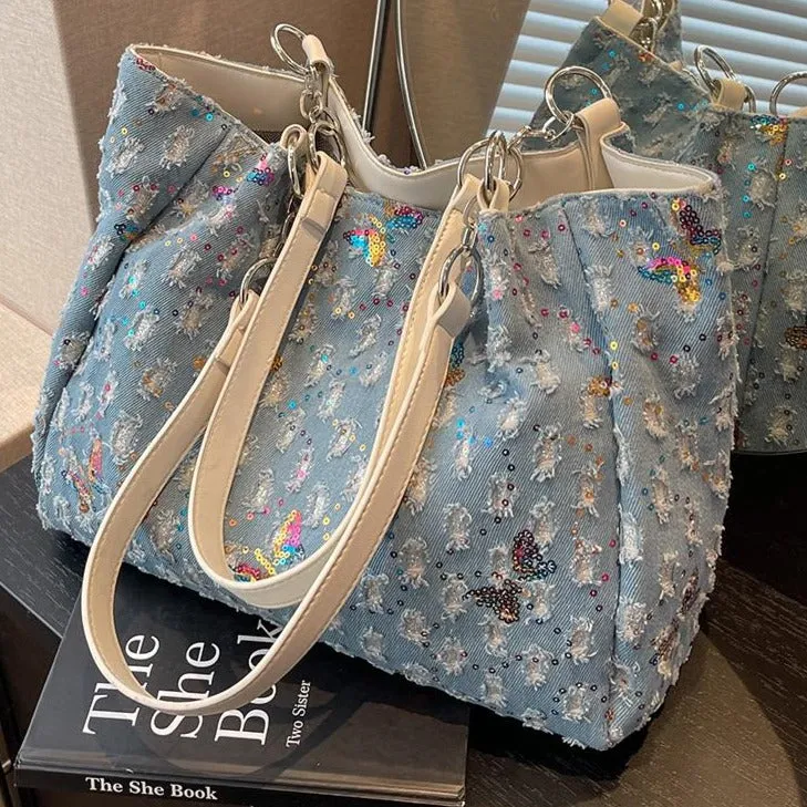 New Summer Large Capacity Denim Canvas Tote Bags Casual Fashion Luxury Designer For Women Shoulder Y2k Shopping Handbags Trendy