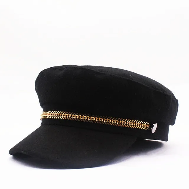 Paperboy Navy Wool Cap w/ Gold Leaf Trim Womens Plus Size